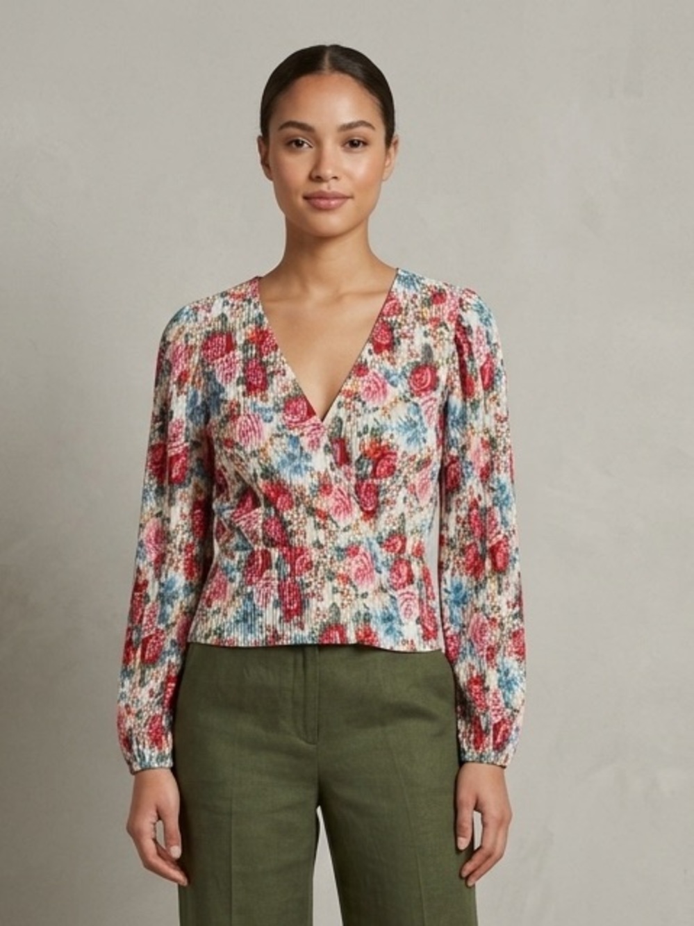 WAYF Floral Smocked Waist Top M pink Roses Deep V-neck Long Sleeve